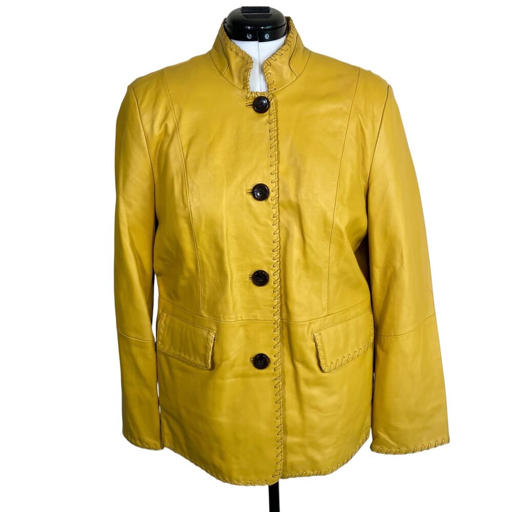 Terry Lewis Vintage Yellow Leather Jacket Whipstitch Detail Retro Button-front